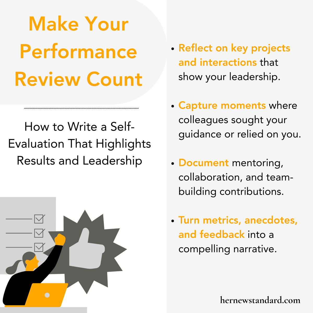Infographic titled “Make Your Performance Review Count,” outlining tips for writing a strong self-evaluation, including reflecting on key projects, capturing leadership moments, documenting collaboration, and turning metrics and feedback into a compelling narrative.