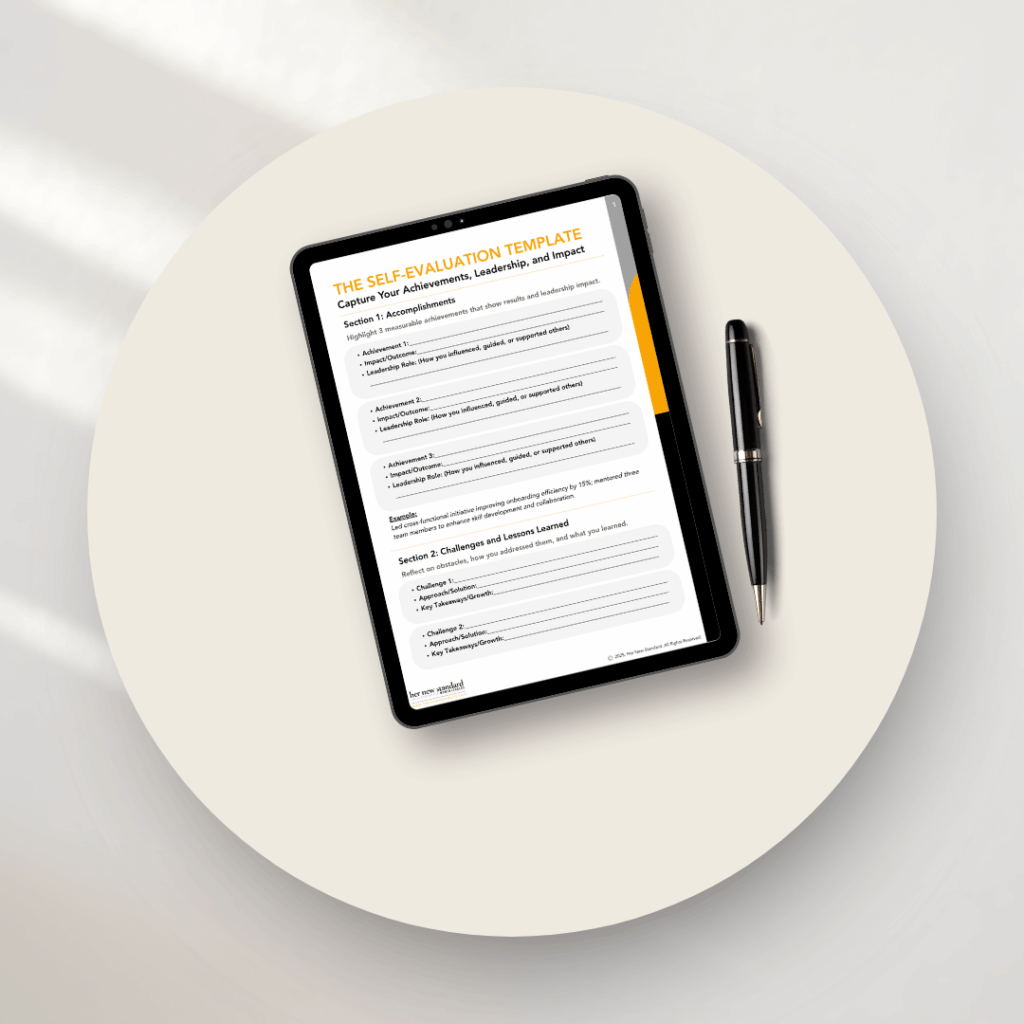 Illustration of a woman typing on a laptop next to the Her New Standard logo, with text that reads “How to Write a Strong Self-Evaluation,” representing a video about writing effective self-evaluations for performance reviews.