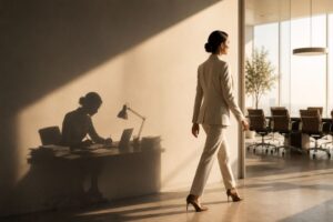 Woman leader in business attire standing in a modern office with glass walls and natural light, leadership identity