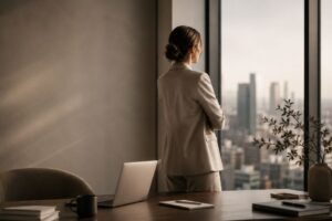 Self-reliance trap: woman leader stands at a high-rise office window, arms folded, open laptop on the desk behind her